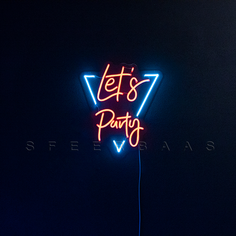 LED Neon Let's Party Blauw Oranje Feest Feeststemming Sfeer Sfeerbaas Feestverlichting Interieur Neonlamp