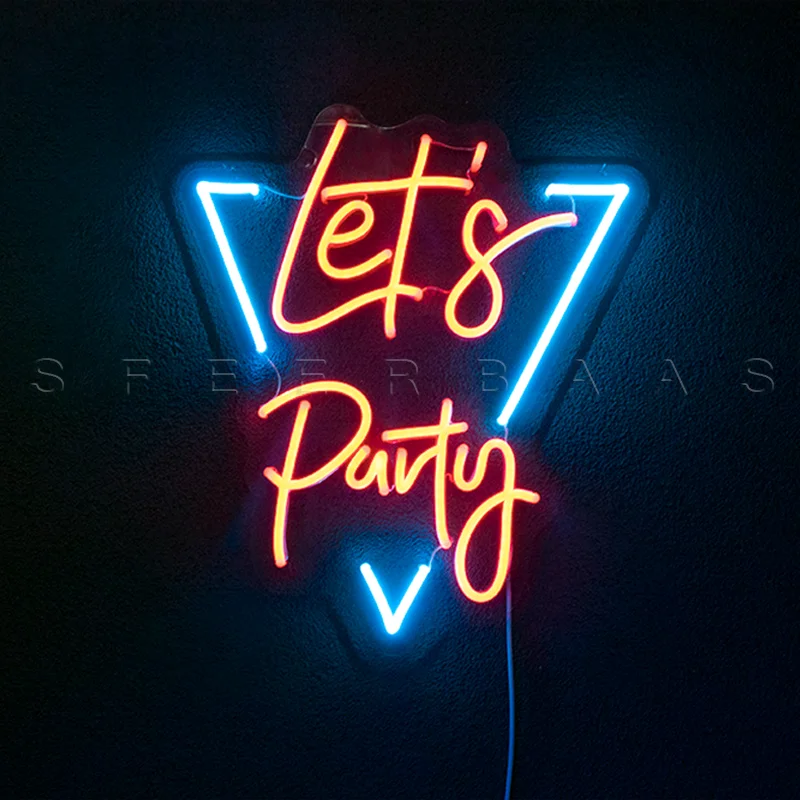 LED Neon Let's Party Blauw Oranje Feest Feeststemming Sfeer Sfeerbaas Feestverlichting Interieur Neonlamp